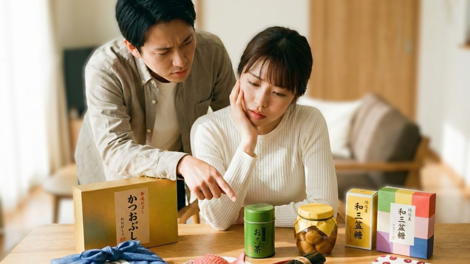 結婚式の縁起物を新郎新婦が選んでいる