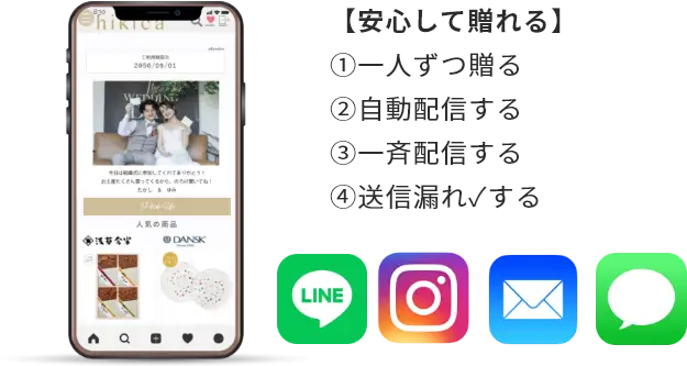 【安心して贈れる】①一人ずつ贈る ②自動配信する ③一斉配信する ④送信漏れ✓する。LINE・メール・Instagram・SMS で送信